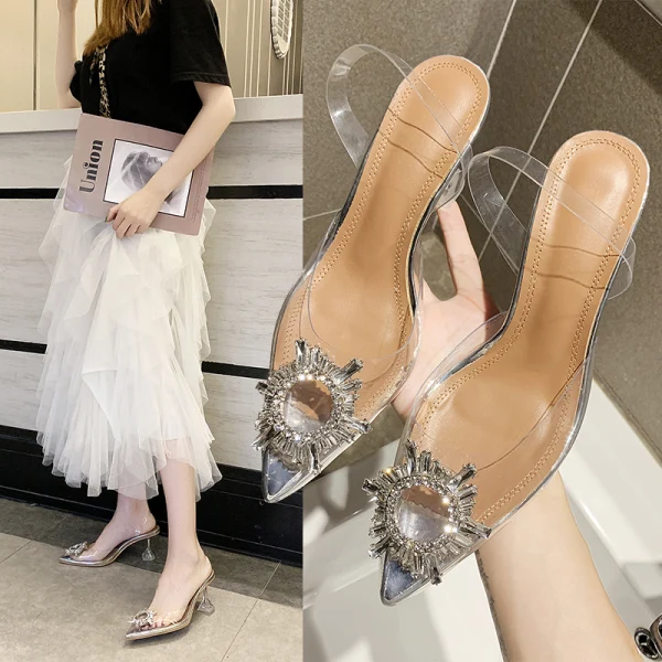 Affordable Silver Casual Womens Sandals 2019 Crystal Rhinestone 8 cm Stiletto Heels Pointed Toe Sandals