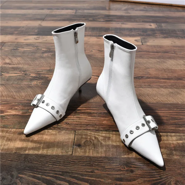 Mode Schwarz Freizeit Low Heel Stiefel Damen 2020 Leder Schnalle 4 cm Stilettos Spitzschuh Stiefel