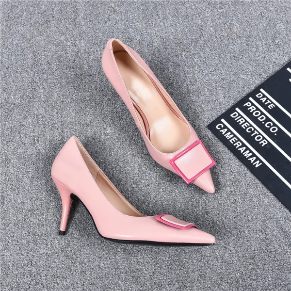 Lovely Blushing Pink Casual Pumps 2019 Leather Buckle 8 cm Stiletto Heels Pointed Toe Pumps