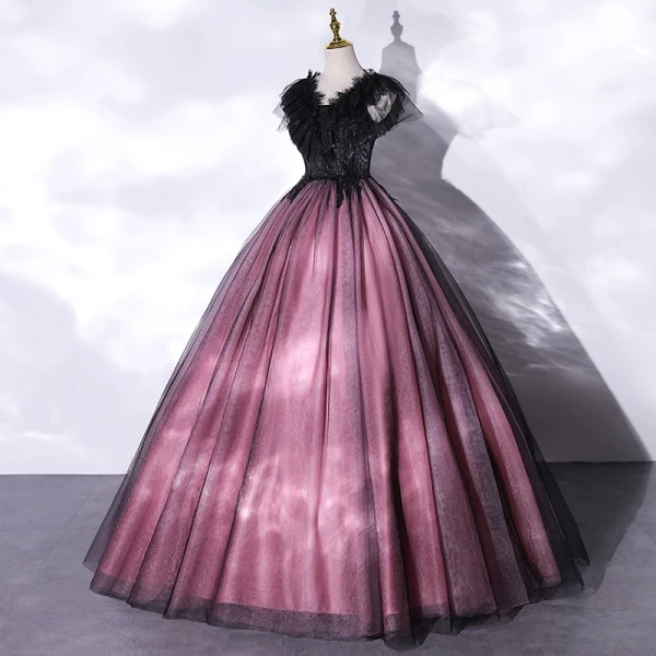 Elegant Purple Lace Flower Prom Dresses 2021 A-Line / Princess V-Neck Beading Short Sleeve Floor-Length / Long Formal Dresses