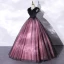 Elegant Purple Lace Flower Prom Dresses 2021 A-Line / Princess V-Neck Beading Short Sleeve Floor-Length / Long Formal Dresses