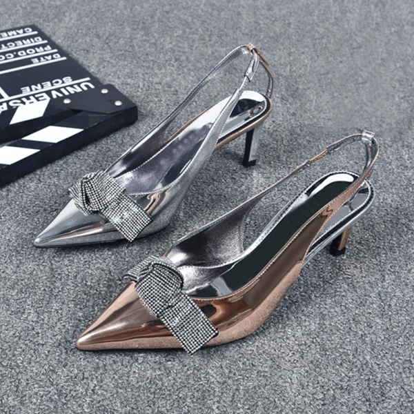 Modern / Fashion Silver Evening Party Womens Shoes Leather 2019 Ankle Strap Rhinestone Bow 6 cm Stiletto Heels Pointed Toe High Heels