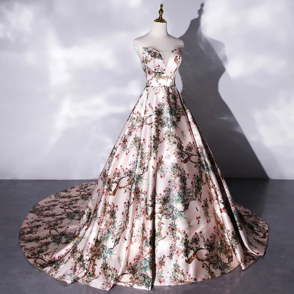 Schick Multifarben Drucken Satin Ballkleider 2021 A Linie Bandeau Ärmellos Rückenfreies Kathedrale Schleppe Festliche Kleider