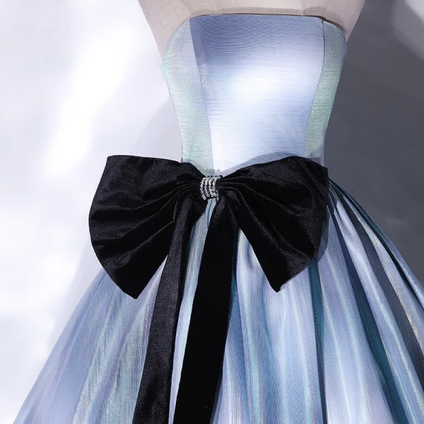 Illusion Sky Blue Prom Dresses 2021 Ball Gown Strapless Bow Sleeveless Backless Floor-Length / Long Formal Dresses