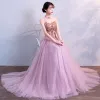 Chic / Beautiful Candy Pink Prom Dresses 2018 A-Line / Princess Glitter Rhinestone Scoop Neck Backless Sleeveless Floor-Length / Long Formal Dresses