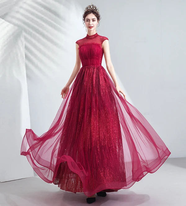 Vintage / Retro Burgundy Evening Dresses 2020 A-Line / Princess Ruffle High Neck Beading Crystal Sequins Sleeveless Backless Floor-Length / Long Formal Dresses