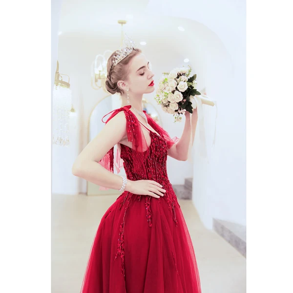 Chic / Belle Rouge Robe De Soirée 2020 Princesse Bretelles Spaghetti Perlage En Dentelle Fleur Sans Manches Dos Nu Train De Balayage Robe De Ceremonie