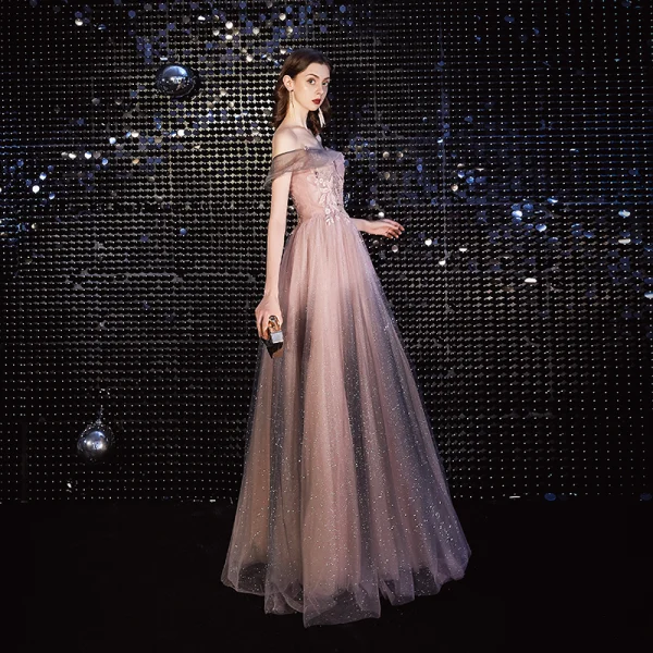 Élégant Rougissant Rose Robe De Soirée 2020 Princesse De l'épaule Perlage Paillettes En Dentelle Fleur Manches Courtes Dos Nu Longue Robe De Ceremonie