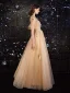 Charmant Doré Robe De Bal 2020 Princesse Encolure Dégagée En Dentelle Paillettes Étoile Faux Diamant Manches Courtes Dos Nu Longue Robe De Ceremonie