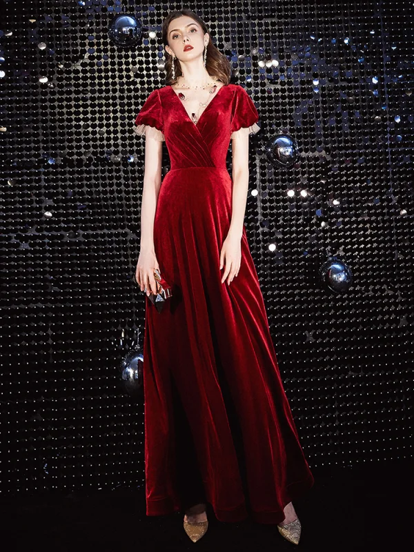Elegant Red Evening Dresses 2020 A-Line / Princess Suede High Neck Short Sleeve Floor-Length / Long Formal Dresses