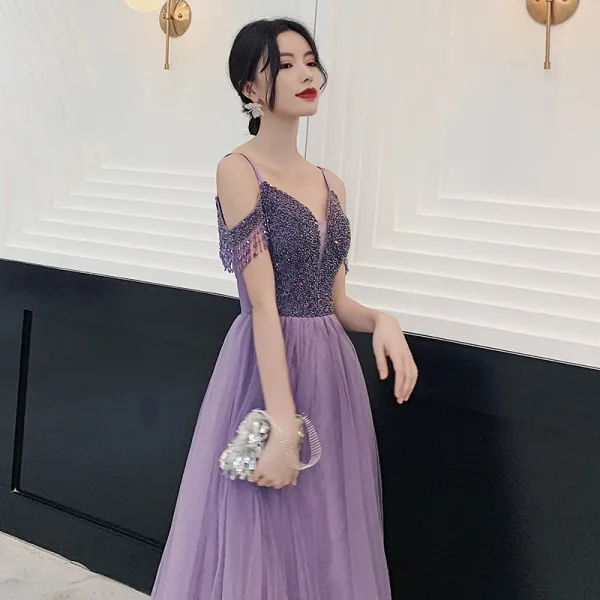 Charmant Lilas Robe De Soirée 2020 Princesse Bretelles Spaghetti Perlage Cristal Gland Sans Manches Dos Nu Longue Robe De Ceremonie