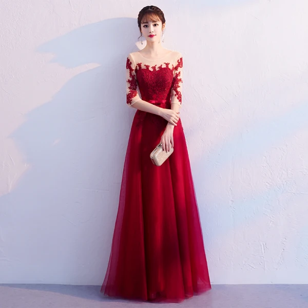 Elegant Burgundy Evening Dresses 2019 A-Line / Princess Scoop Neck Bow Lace Flower 1/2 Sleeves Backless Floor-Length / Long Formal Dresses