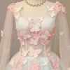 Flower Fairy Sky Blue Prom Dresses 2018 A-Line / Princess Appliques Sequins V-Neck Backless Long Sleeve Floor-Length / Long Formal Dresses