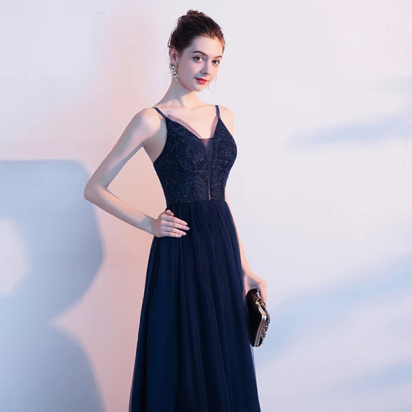 Élégant Bleu Marine Robe De Soirée 2020 Princesse Bretelles Spaghetti Faux Diamant Sans Manches Dos Nu Longue Robe De Ceremonie