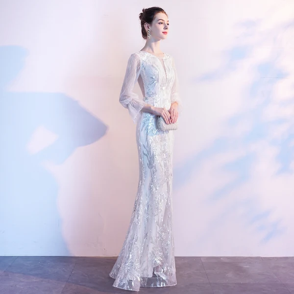 Charmant Blanche Robe De Soirée 2020 Trompette / Sirène Encolure Dégagée Paillettes 3/4 Manches Longue Robe De Ceremonie
