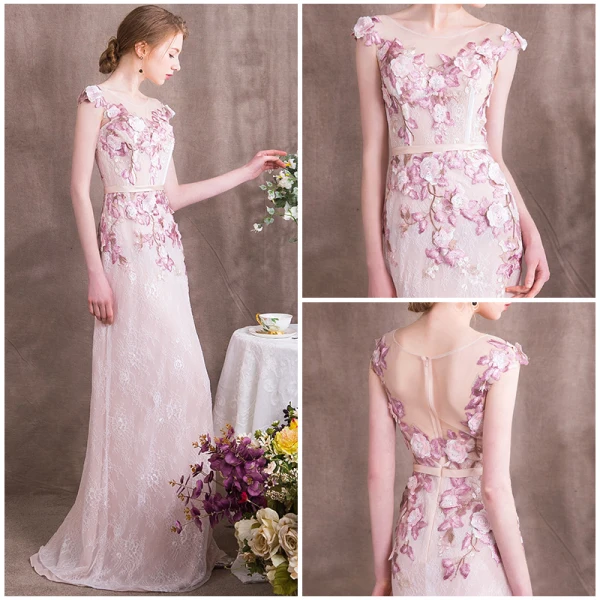 Chic / Beautiful Candy Pink Evening Dresses  2018 Trumpet / Mermaid Appliques Sash Lace Scoop Neck Floor-Length / Long Formal Dresses