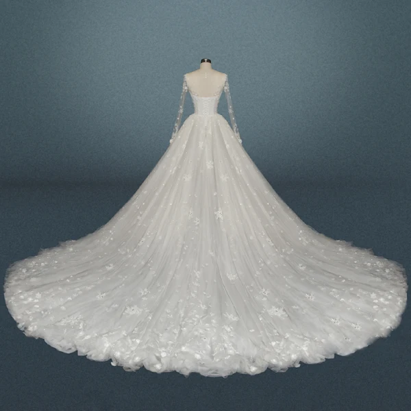 Luxury / Gorgeous Ivory Wedding Dresses 2019 A-Line / Princess Scoop Neck Beading Lace Flower Appliques Crystal Pearl Long Sleeve Backless Royal Train