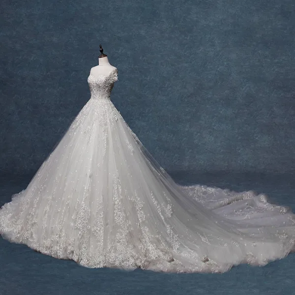 Charming Ivory Wedding Dresses 2019 A-Line / Princess Scoop Neck Beading Crystal Sequins Lace Flower Short Sleeve Backless Cathedral Train