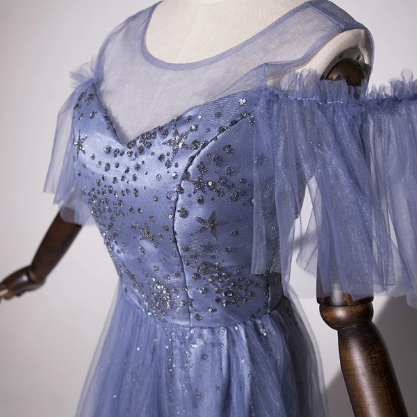 Modern / Fashion Ocean Blue Evening Dresses 2019 A-Line / Princess Scoop Neck Star Sequins Short Sleeve Backless Floor-Length / Long Formal Dresses