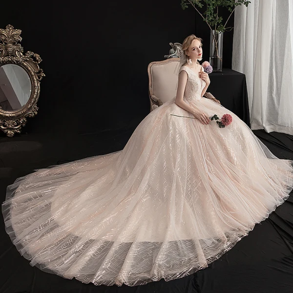 Charmant Champagner Brautkleider / Hochzeitskleider 2019 A Linie V-Ausschnitt Perlenstickerei Pailletten Spitze Blumen Ärmellos Rückenfreies Kapelle-Schleppe