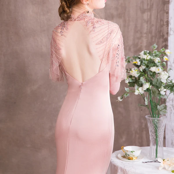 Luxury / Gorgeous Pearl Pink Evening Dresses  2018 Trumpet / Mermaid Beading Crystal Rhinestone Pearl High Neck Backless Short Sleeve Sweep Train Formal Dresses