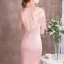 Luxury / Gorgeous Pearl Pink Evening Dresses  2018 Trumpet / Mermaid Beading Crystal Rhinestone Pearl High Neck Backless Short Sleeve Sweep Train Formal Dresses