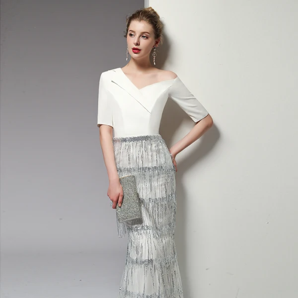 Sexy Ivory / Creme Abendkleider 2020 Meerjungfrau One-Shoulder Pailletten Perlenstickerei Quaste 1/2 Ärmel Rückenfreies Lange Festliche Kleider