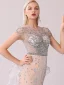 Haut de Gamme Champagne Gris Robe De Soirée 2020 Trompette / Sirène Encolure Dégagée Fait main Perlage Cristal Faux Diamant Manches Courtes Train De Balayage Robe De Ceremonie