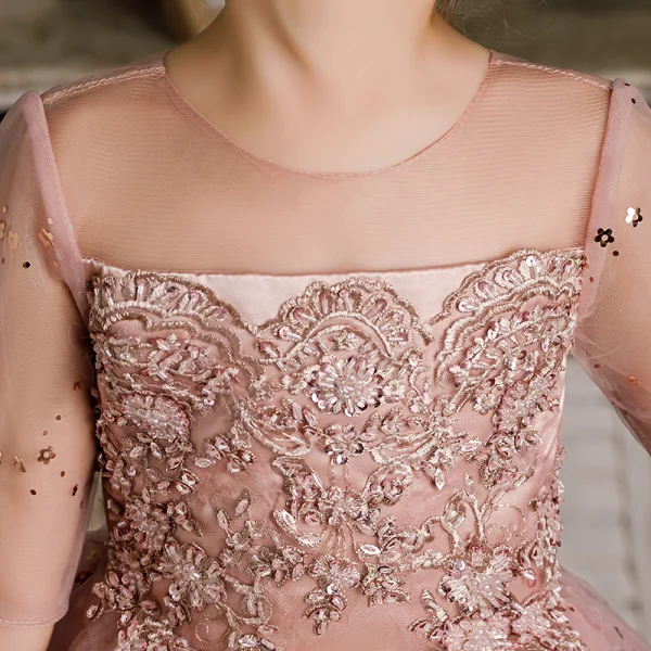 Chic / Beautiful Blushing Pink Bridal Short Flower Girl Dresses 2021 Ball Gown Scoop Neck Beading Crystal Sequins Lace Flower Short Sleeve Wedding Party Dresses