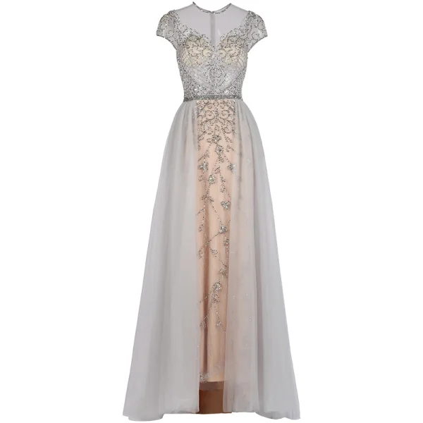 High-end Champagne Grey Evening Dresses 2020 A-Line / Princess Scoop Neck Handmade Beading Crystal Rhinestone Short Sleeve Floor-Length / Long Formal Dresses