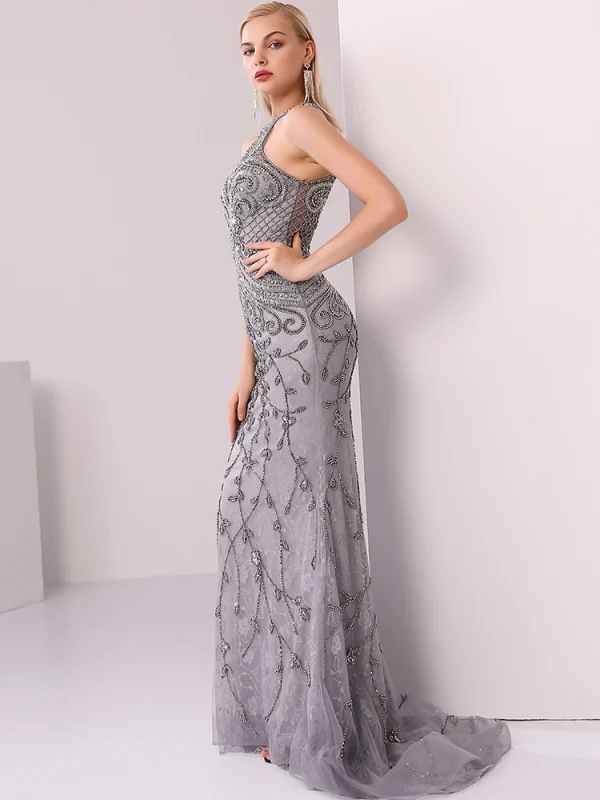 Luxury / Gorgeous Grey Evening Dresses  2020 Trumpet / Mermaid Scoop Neck Handmade  Beading Crystal Rhinestone Pearl Sleeveless Sweep Train Formal Dresses