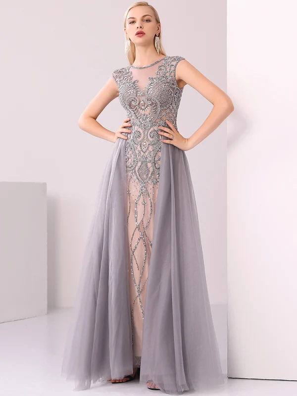 Luxury / Gorgeous Champagne Grey Handmade  Beading Evening Dresses  2020 A-Line / Princess Scoop Neck Crystal Pearl Rhinestone Sleeveless Floor-Length / Long Formal Dresses