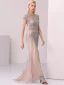 High End Marineblau Handgefertigt Perlenstickerei Abendkleider 2020 Meerjungfrau Rundhalsausschnitt Kristall Strass Kurze Ärmel Sweep / Pinsel Zug Festliche Kleider