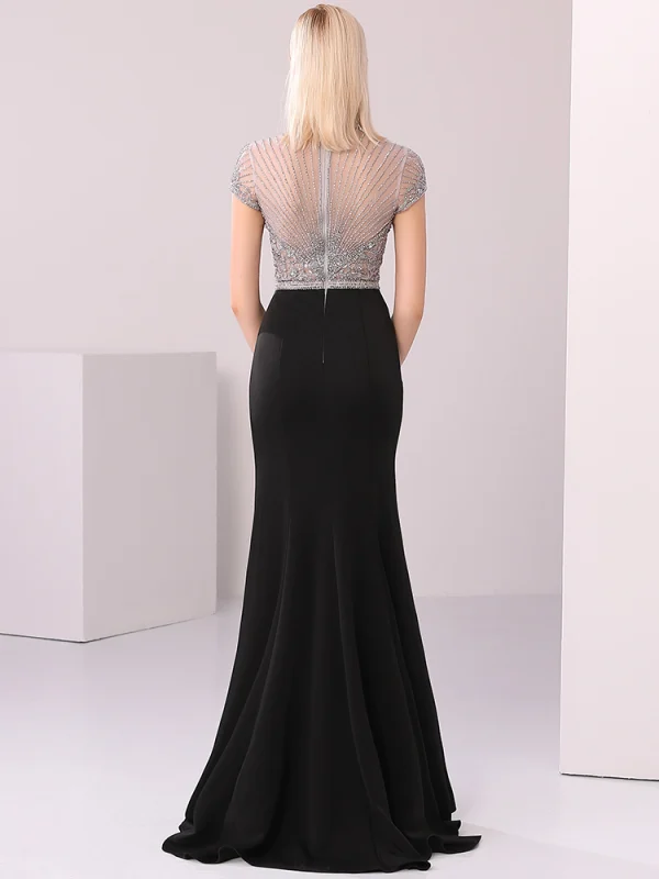 High-end Black Evening Dresses  2020 Trumpet / Mermaid Scoop Neck Handmade  Beading Crystal Rhinestone Short Sleeve Floor-Length / Long Formal Dresses