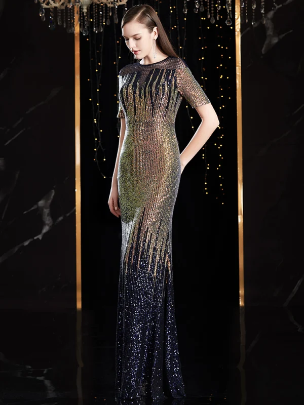 Charmant Multi-Couleurs Robe De Soirée 2020 Trompette / Sirène Encolure Dégagée Fait main Perlage Cristal Paillettes Manches Courtes Longue Robe De Ceremonie