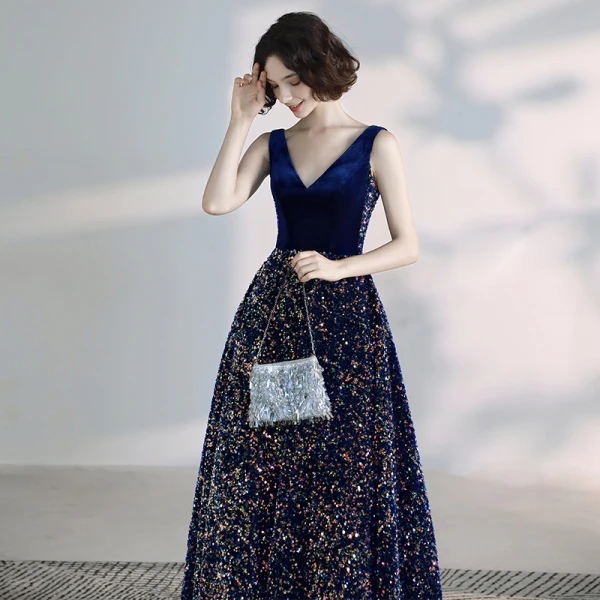 Elegant Royal Blue Prom Dresses 2020 A-Line / Princess Suede V-Neck Sequins Sleeveless Backless Floor-Length / Long Formal Dresses