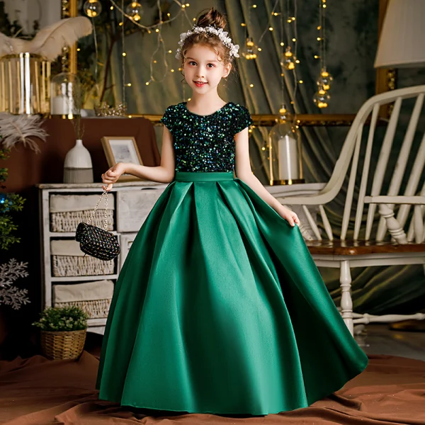 Chic / Beautiful Dark Green Sash Sequins Birthday Flower Girl Dresses Ball Gown 2021 Satin Scoop Neck Short Sleeve Floor-Length / Long