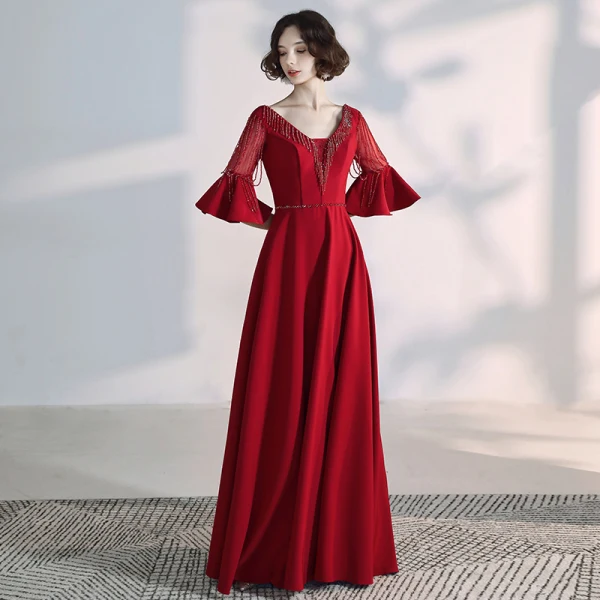 Elegant Burgundy Evening Dresses 2020 A-Line / Princess V-Neck Beading Crystal Tassel Bell sleeves Backless Floor-Length / Long Formal Dresses