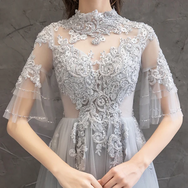 Elegant Grey Evening Dresses 2019 A-Line / Princess High Neck Beading Crystal Lace Flower 1/2 Sleeves Backless Floor-Length / Long Formal Dresses
