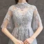 Elegant Grey Evening Dresses  2019 A-Line / Princess High Neck Beading Crystal Lace Flower 1/2 Sleeves Backless Floor-Length / Long Formal Dresses