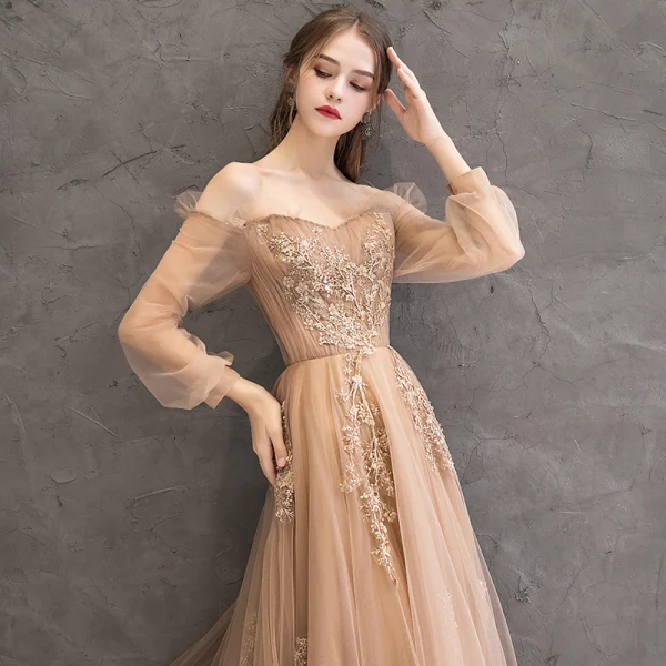 Charming Gold Evening Dresses 2020 A-Line / Princess Off-The-Shoulder Beading Appliques Lace Flower Crystal Pearl Long Sleeve Backless Floor-Length / Long Formal Dresses