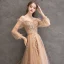 Charming Gold Evening Dresses  2020 A-Line / Princess Off-The-Shoulder Beading Appliques Lace Flower Crystal Pearl Long Sleeve Backless Floor-Length / Long Formal Dresses