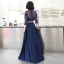 Elegante 2 Stück Marineblau Abendkleider 2020 A Linie Rundhalsausschnitt Perle Spitze Blumen 3/4 Ärmel Lange Festliche Kleider