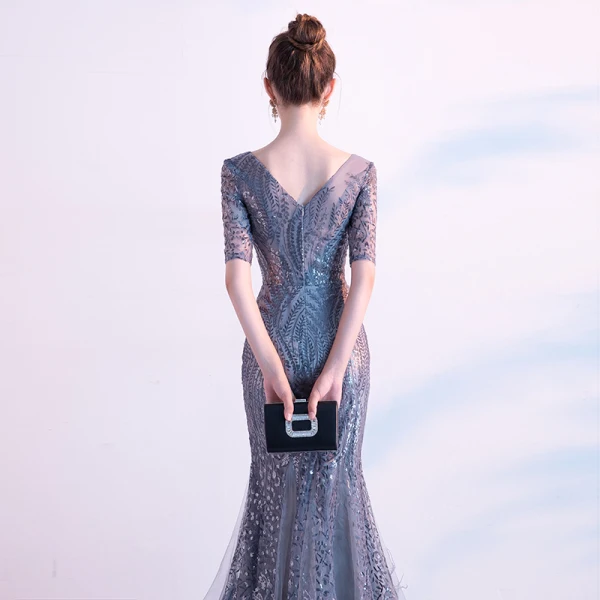Charmant Gris Robe De Soirée 2020 Trompette / Sirène V-Cou Paillettes 1/2 Manches Dos Nu Longue Robe De Ceremonie