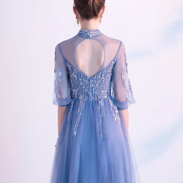 Chic / Beautiful Ocean Blue Evening Dresses 2020 A-Line / Princess High Neck Rhinestone Lace Flower 1/2 Sleeves Backless Floor-Length / Long Formal Dresses