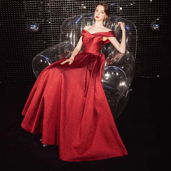 Chic / Beautiful Red Evening Dresses 2020 A-Line / Princess Off-The-Shoulder Sleeveless Backless Floor-Length / Long Formal Dresses