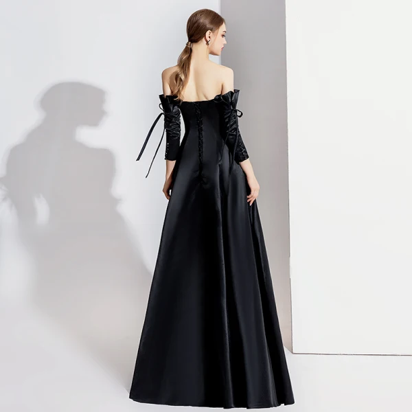 Elegant Black Evening Dresses 2020 A-Line / Princess Off-The-Shoulder Bow 3/4 Sleeve Backless Floor-Length / Long Formal Dresses