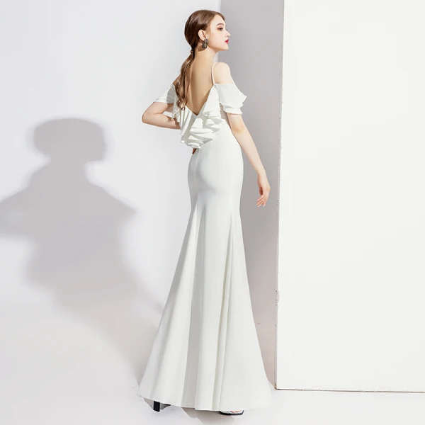 Elegante Ivory / Creme Abendkleider 2020 Meerjungfrau Spaghettiträger Kurze Ärmel Rückenfreies Lange Festliche Kleider