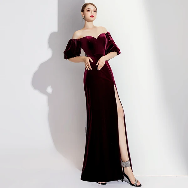 Elegant Burgundy Evening Dresses  2020 Trumpet / Mermaid Suede Off-The-Shoulder Short Sleeve Split Front Floor-Length / Long Formal Dresses