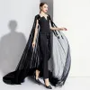 Charming Black Evening Dresses  Jumpsuit With Cloak 2020 Strapless Sleeveless Backless Court Train Formal Dresses